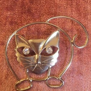 Cat Brooch with Rhinestone Eyes